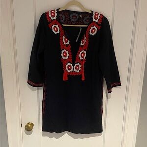 Navy Blue Dress with Red and White Embroidery